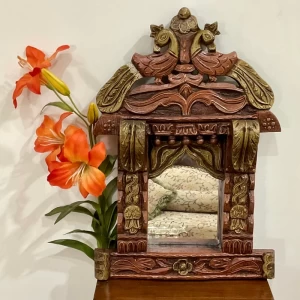18 Inch Wooden Peacock Jharoka With Mirror - Wall Decor