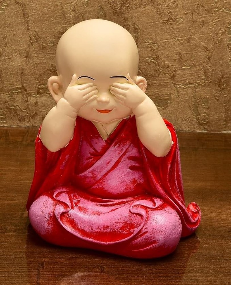 Karigaari India Handcrafted Resine See No Evil Buddha Monk Idol Sculpture | Showpiece for Home Décor and Office