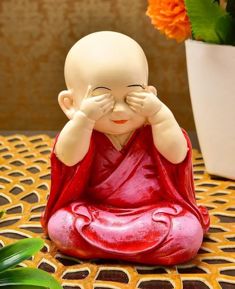 Karigaari India Handcrafted Resine See No Evil Buddha Monk Idol Sculpture | Showpiece for Home Décor and Office
