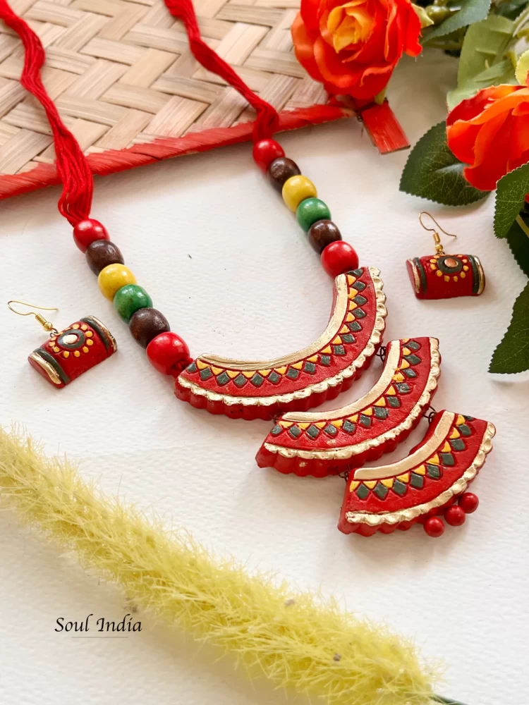 Handmade Cascade Style Terracotta Jewellery Set - Red